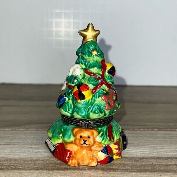 Christmas Tree Hinged Trinket Box 4 1/4" X 2" Teddy Bear Piano Train Candy Cane - Picture 1 of 6